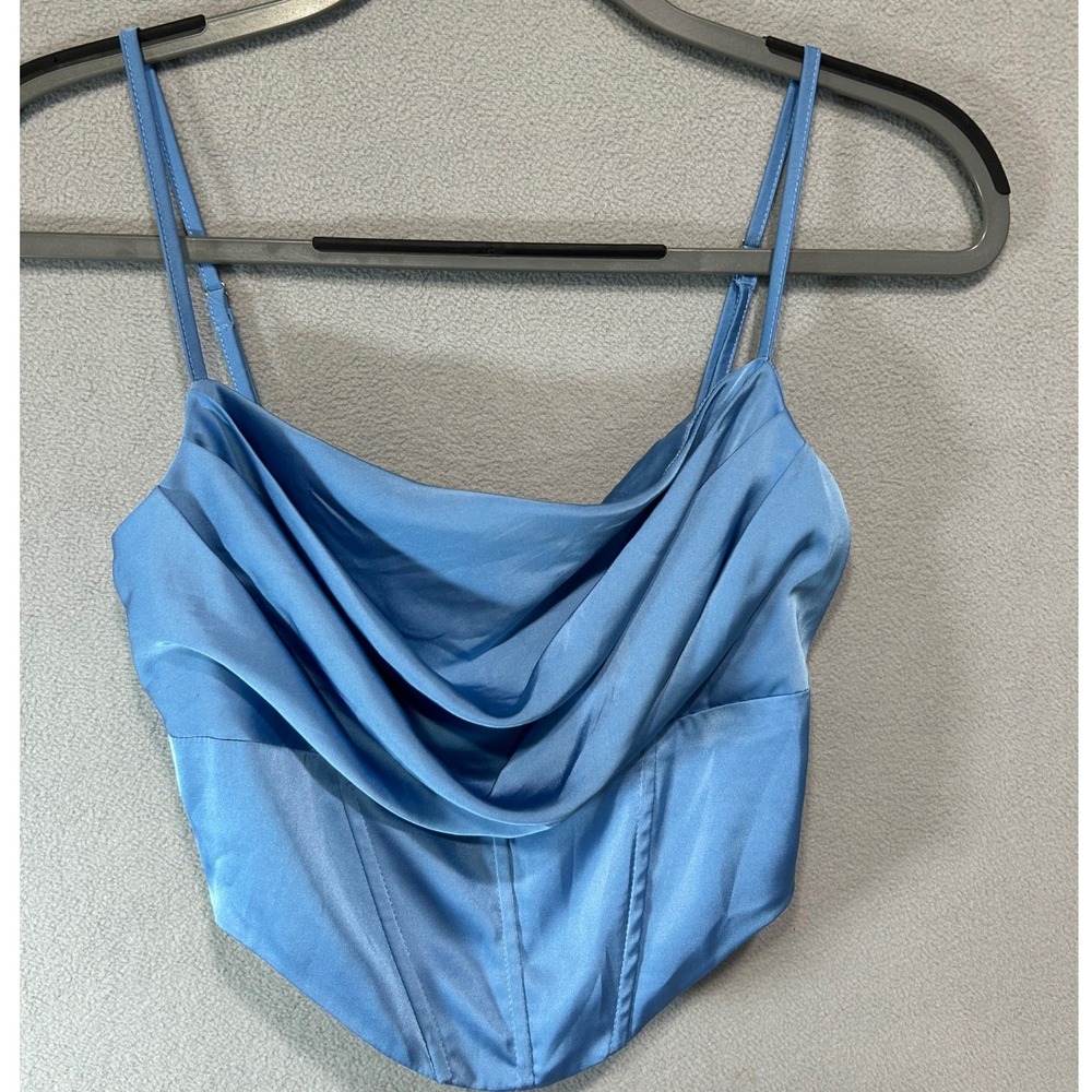 SALTY Light Blue Satin Top Women Size M Cowl Neck Corset Crop Top Bustier Party